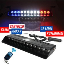 Caralp S12 Kumandalı Cam Içi Vantuzlu Polis Çakar Lamba Ikaz Lambası 12 Ledli 14 Farklı Mod Kablosuz Kırmızı Beyaz Mavi 3 Renk Çakmaklık Girişli