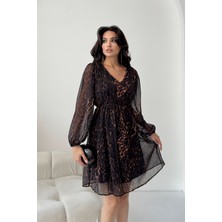 Serica Moda Leopar Desenli Bağlamalı Şifon Elbise
