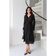 Serica Moda Siyah Yandan Bağlamalı Gömlek Yaka Elbise