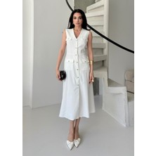 Serica Moda Ekru Taş Düğmeli V Yaka Midi Elbise