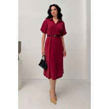 Serica Moda Bordo Kemer Detaylı Tencel Kumaş Gömlek Elbise