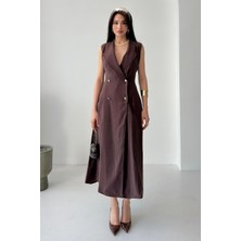 Serica Moda Kahve Kruvaze Yaka Düğmeli Yırtmaçlı Tensel Elbise