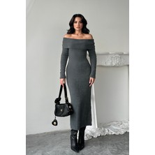 Serica Moda Antrasit Madonna Yaka Triko Elbise