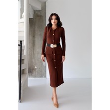 Serica Moda Kahverengi Lastik Kemer Detaylı Düğmeli Elbise