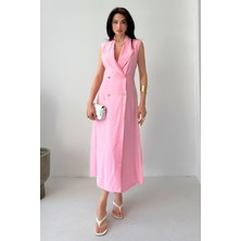 Serica Moda Pembe Kruvaze Yaka Düğmeli Yırtmaçlı Tensel Elbise