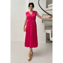 Serica Moda Fuşya Kruvaze Fırfır Detaylı Kolsuz Midi Elbise