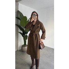 Asfa Moda Kahve Melanj Kruvaze Oversize Premium Kalite Kuşaklı Tam Boy Uzun Kaşe Mont