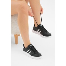 Tonny Black Unisex Siyah Beyaz Kalın Faylon Hafif Taban Şeritli Bağcıklı Spor Ayakkabı