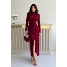 Serica Moda Bordo Büzgülü Aksesuar Detaylı Elbise