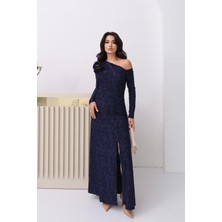 Serica Moda Lacivert Çiçek Detaylı Tek Omuz Elbise