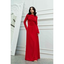Serica Moda Kırmızı Büzgü Detaylı Uzun Kollu Kloş Etekli Elbise