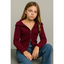 Newco Madonna Yaka Çift Fermuarlı Triko Kız Çocuk Kazak Hırka Standart Beden 10-16 Yaş - Bordo