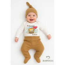 Babyden's Babasının Aslanı Baskılı 3’lü Bebek Takımı Uzun Kol Çıtçıtlı Zıbın, Ribana Pantolon, Bere %100 Pamuk