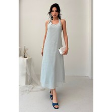 Serica Moda Mavi Melanj Halter Yaka Keten Karışımlı Elbise