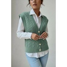 Newco Örgü Detaylı Inci Düğmeli V Yaka Trend Triko Yelek Kadın Süveter