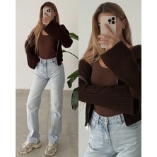 Madonna Yaka Çift Fermuarlı Triko Kazak Hırka - Kahverengi