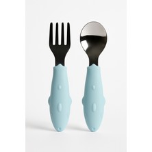 Elya Baby Köpek Balığı Figürlü Silikon Saplı Bebek Çatal Kaşık Seti