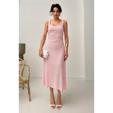 Serica Moda Pudra Kare Yaka Askılı Dantelli Elbise