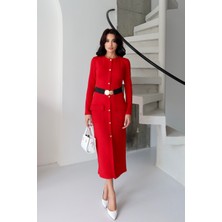 Serica Moda Kırmızı Lastik Kemer Detaylı Düğmeli Elbise