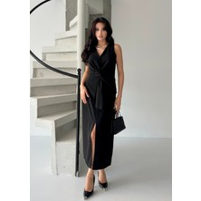 Serica Moda Siyah Bağlama Detaylı Midi Elbise