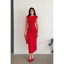 Serica Moda Kırmızı Omuz Detaylı Midi Elbise