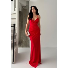 Serica Moda Kırmızı Kruvaze Pile Detaylı Sırt Bağlamalı Elbise