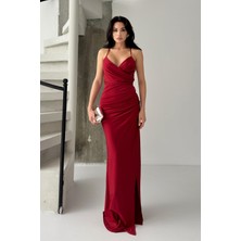 Serica Moda Bordo Kruvaze Pile Detaylı Sırt Bağlamalı Elbise