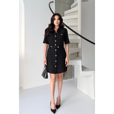 Serica Moda Siyah Tüvit Kumaş Kemerli Gömlek Elbise