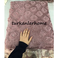 Türkanlar Home 200 x 170 cm Şönil Dokulu Jakarlı Koltuk Örtüsü Bohem Kare Desen Gül Kurusu Kaymaz