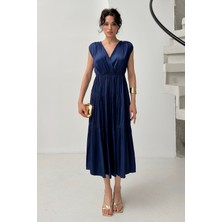 Serica Moda Lacivert Kruvaze Fırfır Detaylı Kolsuz Midi Elbise