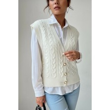 Newco Örgü Detaylı Inci Düğmeli V Yaka Trend Triko Yelek Kadın Süveter