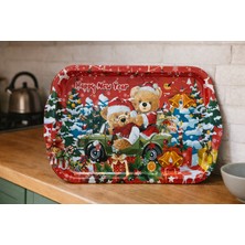Atagift Hediyelik Yılbaşı Temalı Ayıcık Desenli Büyük Boy 35X20 cm Metal Sunum Tepsisi – Happy New Year Çy Kahve Sunum Epsi