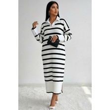 Newco Çizgili Elbise V Yaka, Yumuşak Dokulu, Şık Basic Model - Ekru