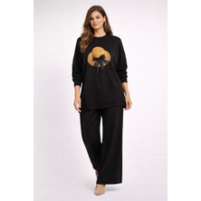 BezeXL Büyük Beden Önü Baskılı Ikili Triko Takım Siyah