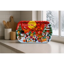 Atagift Hediyelik Yılbaşı Temalı Penguen & Kardan Adam Desenli Büyük Boy 35X20 cm  Metal Sunum Tepsisi – Happy New Year Çay Kahve Sunumtepsisi