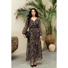 Serica Moda Leopar Desenli Beli Lastikli Uzun Şifon Elbise