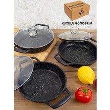 Prokitchen 6'lı Granit Tava Seti Cam Kapaklı Döküm Siyah 18-20-22 cm