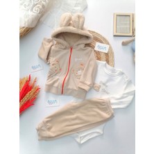 Genel Krem Kadife Ayı Nakışlı Kapüşonlu 3'lü Takım Krem - 6 Ay