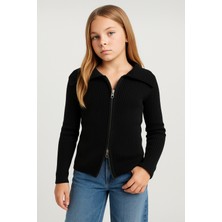 Newco Madonna Yaka Çift Fermuarlı Triko Kız Çocuk Kazak Hırka Standart Beden 10-16 Yaş - Siyah