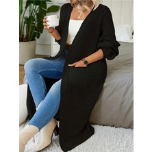 Newco Büyük Beden Battal Kalıp Siyah Cepli Dökümlü Uzun Örgü Hırka (2xl - 3xl Uyumlu)