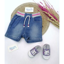 Genel Pembe Çizgili Beli Lastikli Mavi Denim Şort Denim - 12 Ay