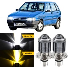 Caralp Fiat Uno 1992-2001 Uyumlu Mercekli Far Ampulü LED Xenon Çift Renk Sarı-Beyaz Far Şimşek Etkili Csp LED Lamba Uzun Kısa 2 Adet Takım