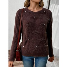 Newco Inci Süslemeli Yumuşak Doku Oversize Triko Kazak – Yuvarlak Yaka Rahat Kesim