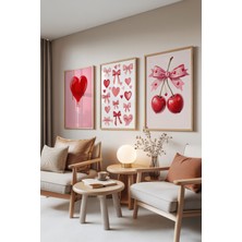 Zestia Ahşap Çerçeveli 3’lü Tablo Seti, Sweet Love – Kalpler & Kirazlar, Genç Odası Set No: 30102