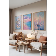 Zestia Ahşap Çerçeveli 3’lü Tablo Seti, Sea Dreams – Sahil ve Yelkenli, Salon Set No: 30104