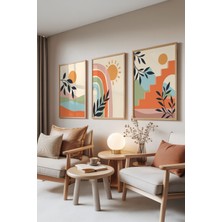 Zestia Ahşap Çerçeveli 3’lü Tablo Seti, Boho Manzara – Güneş ve Gökkuşağı, Salon Set No: 30061