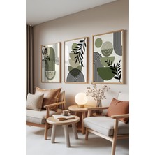 Zestia Ahşap Çerçeveli 3’lü Tablo Seti, Yeşil Minimal Yaprak Formları, Salon Set No: 30059