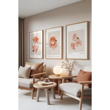 Zestia Ahşap Çerçeveli 3’lü Tablo Seti, Çizgisel Botanik – Turuncu Hatlar, Çalışma Odası Set No: 30066