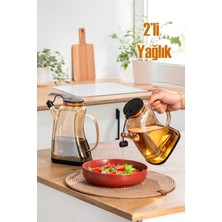 Porsima 3855-1 Şeffaf Borosilikat Cam Zeytinyağ Şişesi - 2li Yağlık ve Sirkelik Seti Siyah 1lt