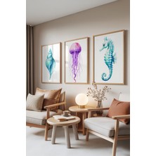 Zestia Ahşap Çerçeveli 3’lü Tablo Seti, Deniz Canlıları – Midye, Denizanası, Denizatı, Salon Set No: 30075